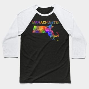 Colorful mandala art map of Massachusetts with text in multicolor pattern Baseball T-Shirt